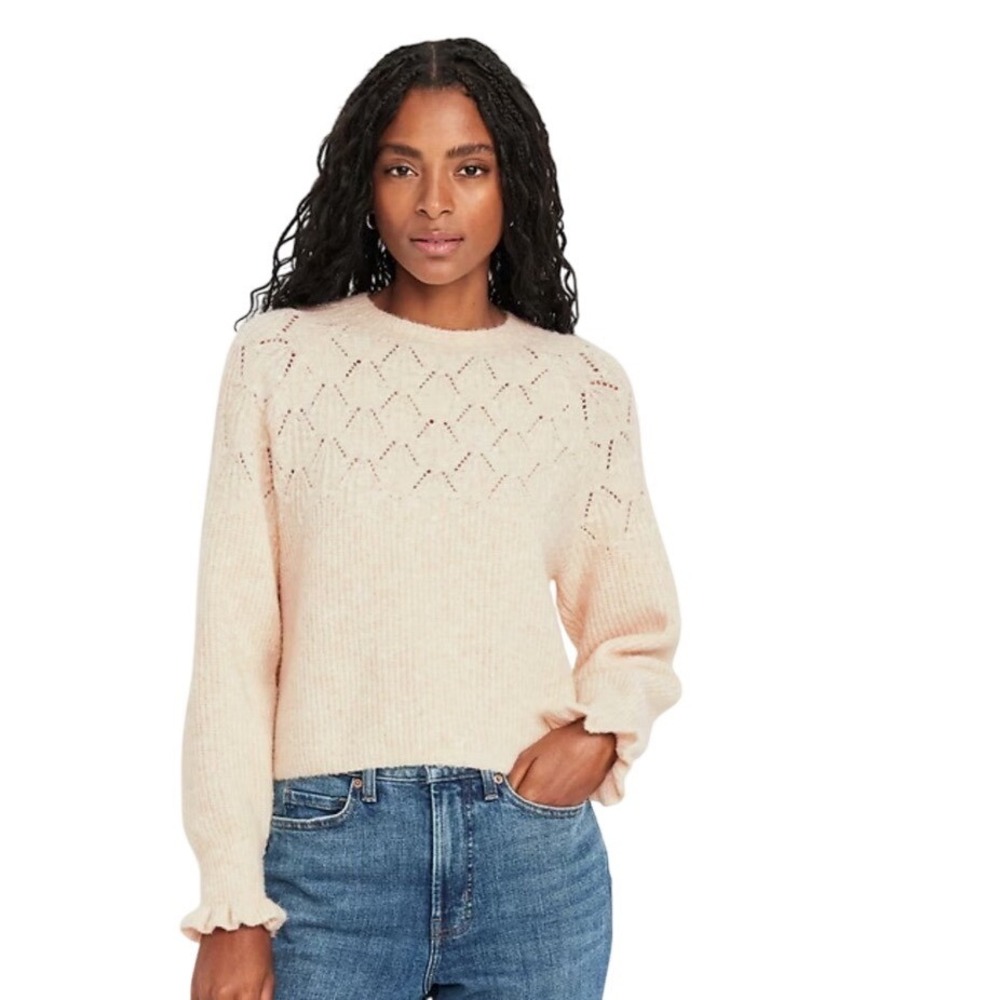 Old Navy Cream Pointelle Ruffle Cuff Sweater‎ Go-Recycled Oatmeal Medium NWT